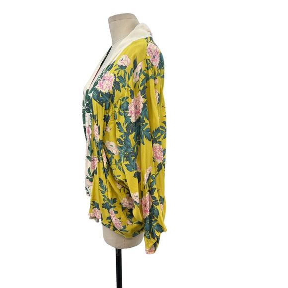 Anthropologie Elma Kimono Top Open Front Rose Floral Print Yellow One Size - Picture 6 of 13